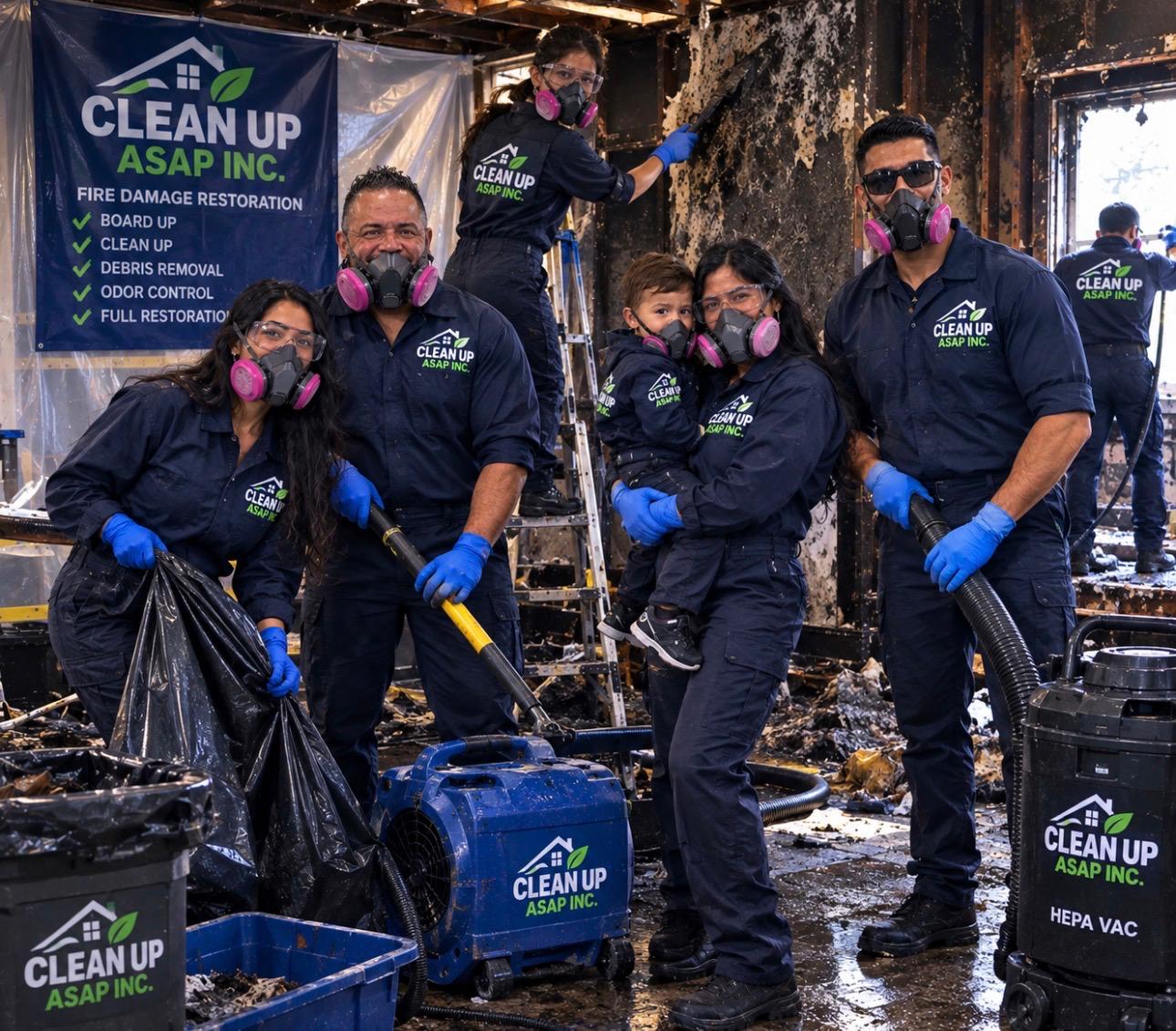 CLEANUP ASAP family crew equipped for cleanup at a fire-damaged property