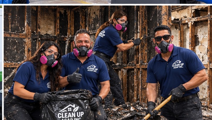 Illustrative adult cleanup crew at a fire-damaged interior