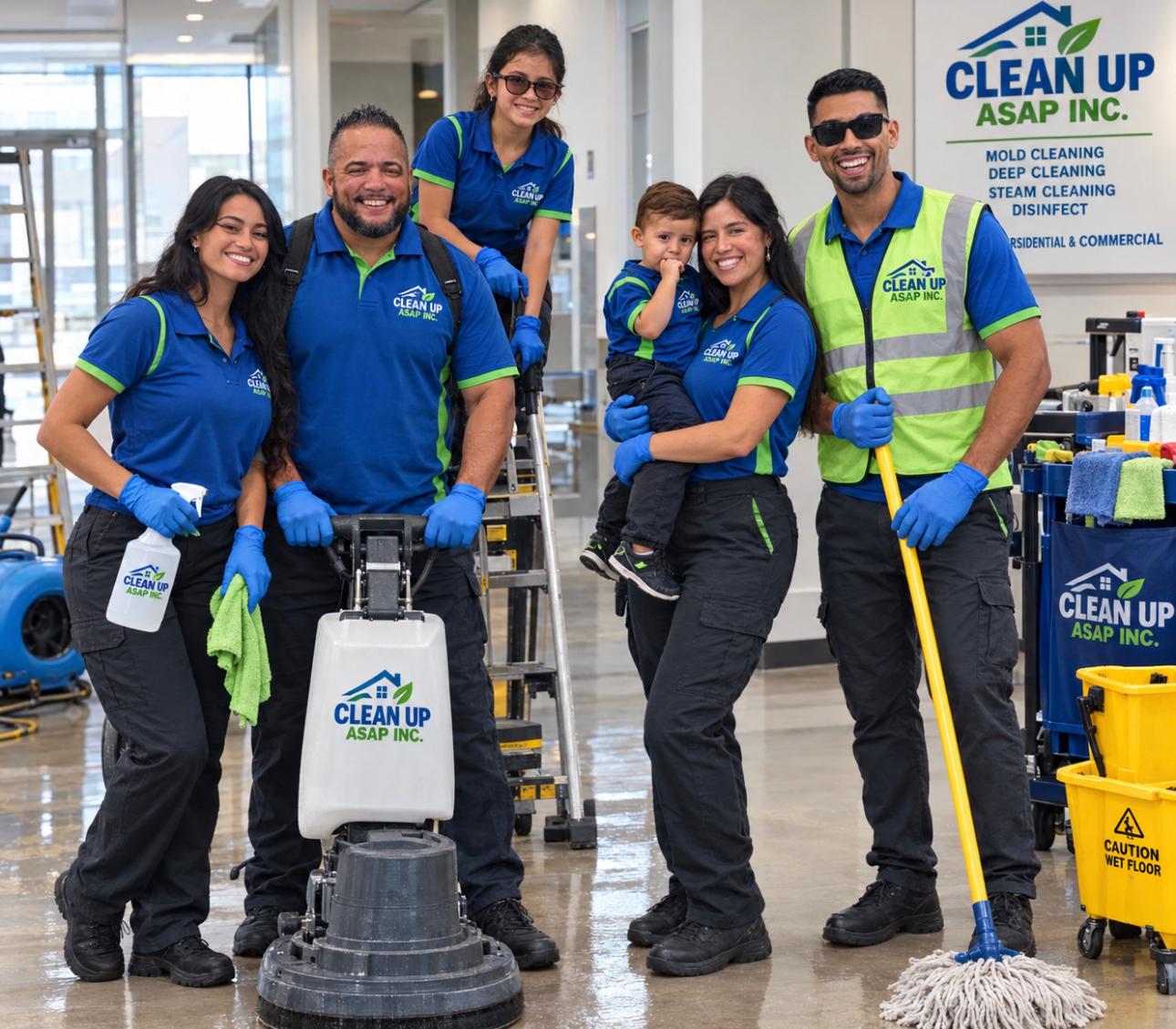 CLEANUP ASAP family together with professional cleaning equipment